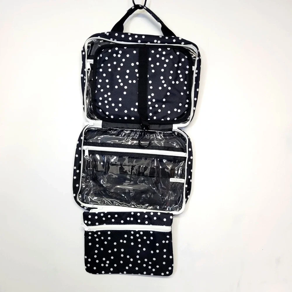 Bang & Carsen Hanging Toiletry Bag Black White Polka Dot Travel Organizer Case